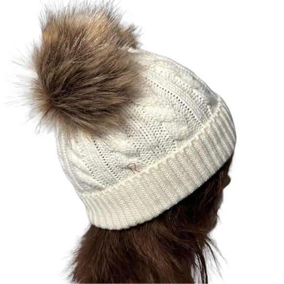 FAS Jeans Beanie OS Off White Double Pom Cable Knit Wool - Picture 8 of 8